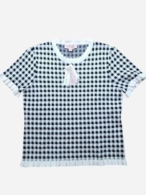 Philosophy Black and White Ruffled Houndstooth Gingham Jacquard Knit Top, M
